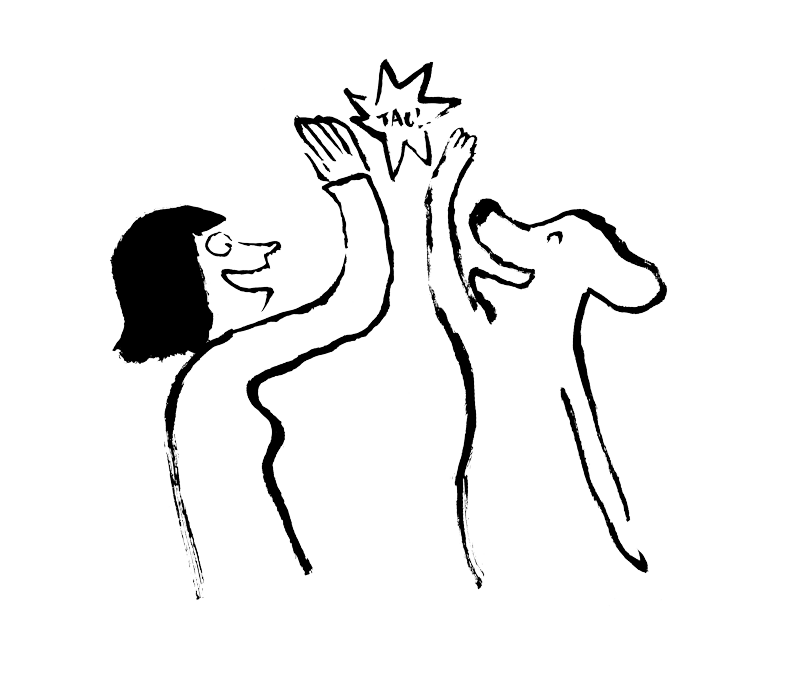 Sketch of woman and dog high fiving
