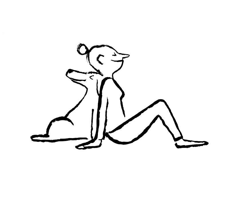 Silhouette illustration of a person and dog standing back-to-back