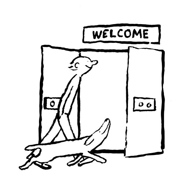 Illustration of a person and dog walking through an open door labeled Welcome